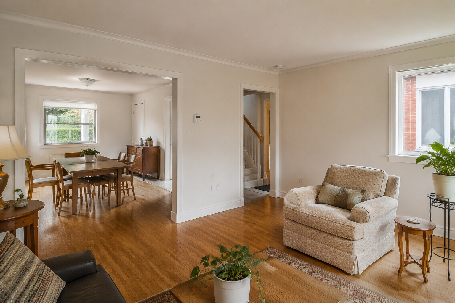 Freshly repainted living and dining area in a family home